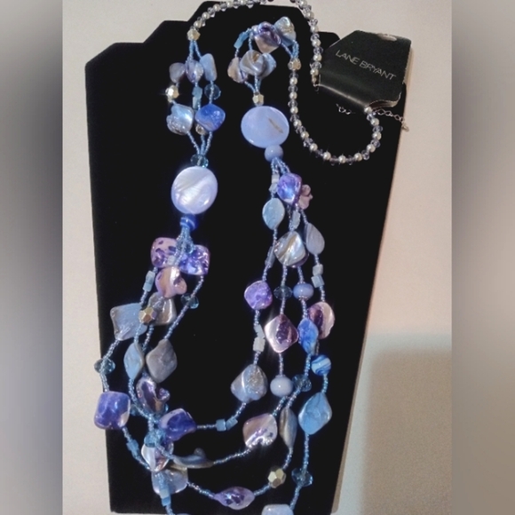 Lane Bryant Necklace NWT Blue Purple Acrylic & Shell Beads Multi-strand - Picture 1 of 7
